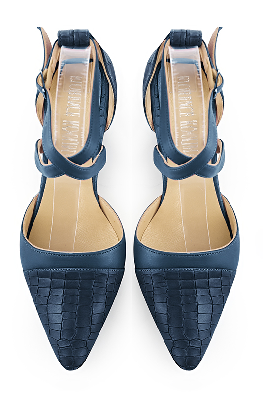 Denim blue women's open side shoes, with crossed straps. Tapered toe. Low flare heels. Top view - Florence KOOIJMAN